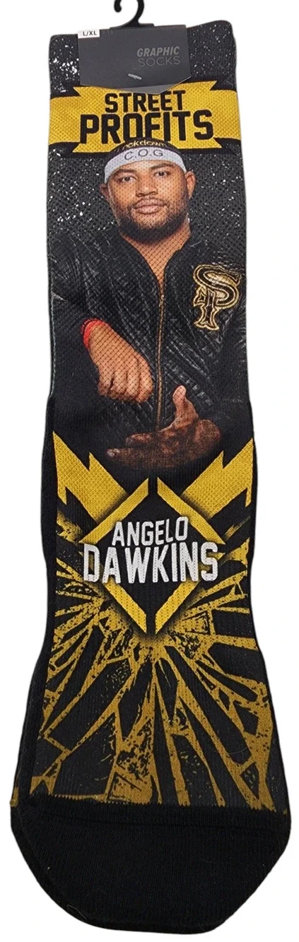 NWT Angelo Dawkins Street Profits Graphic Rock 'Em Socks WWE L/XL Wrestling